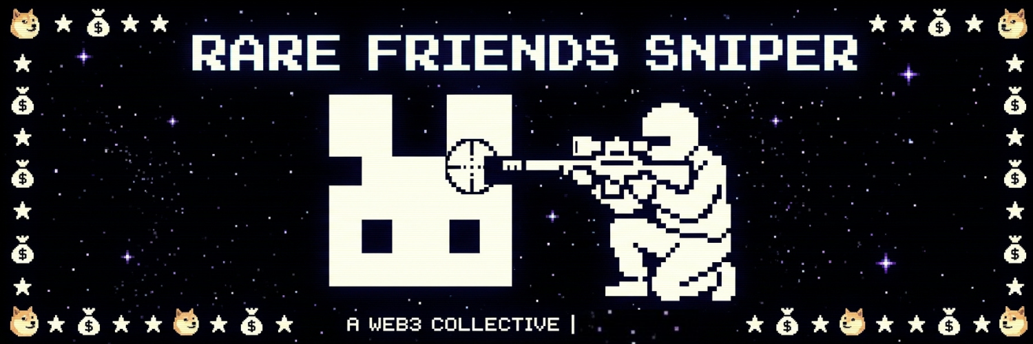 Rare Friends Sniper — a web3 collective. Pixel sniper aiming at the Rare Friends logo in space.